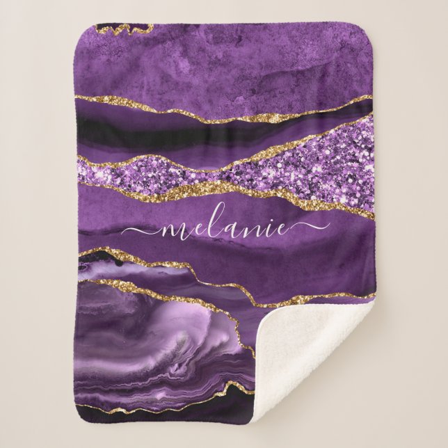 Agate Purple Violet Gold Glitter Geode Custom Name Sherpa Blanket (Front)