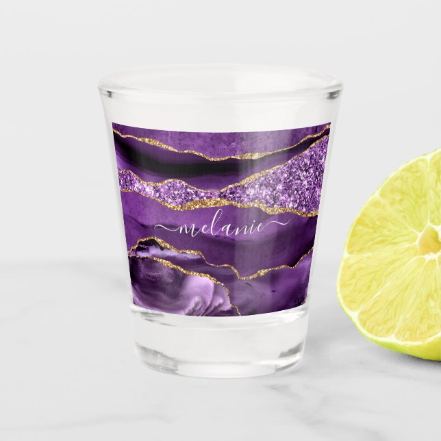 Agate Purple Violet Gold Glitter Geode Custom Name Shot Glass (Front)