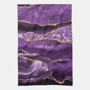 Agate Purple Violet Gold Glitter Geode Custom Name Tea Towel