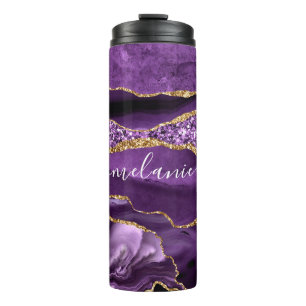 Agate Purple Violet Gold Glitter Geode Custom Name Thermal Tumbler