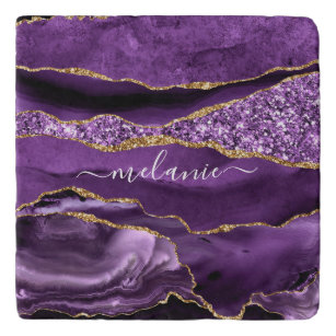 Agate Purple Violet Gold Glitter Geode Custom Name Trivet