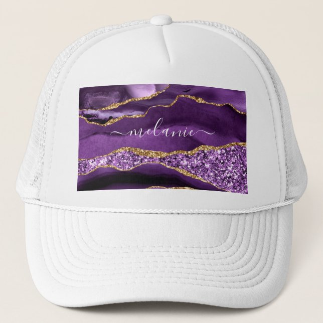 Agate Purple Violet Gold Glitter Geode Custom Name Trucker Hat (Front)