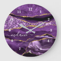 Agate Purple Violet Gold Glitter Geode Name Clock