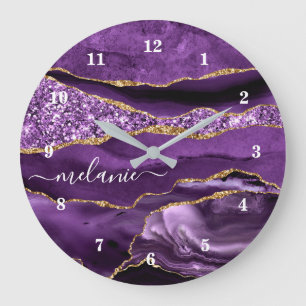 Agate Purple Violet Gold Glitter Geode Name Clock