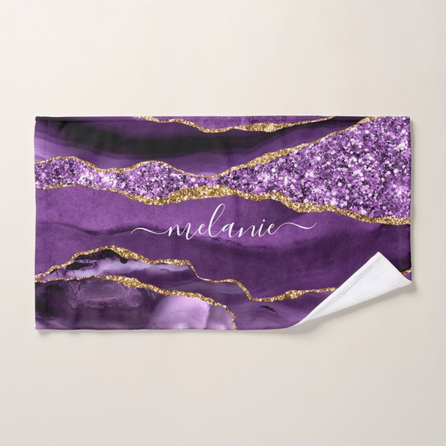Agate Purple Violet Gold Glitter Geode Your Name Bath Towel Set (Hand Towel)