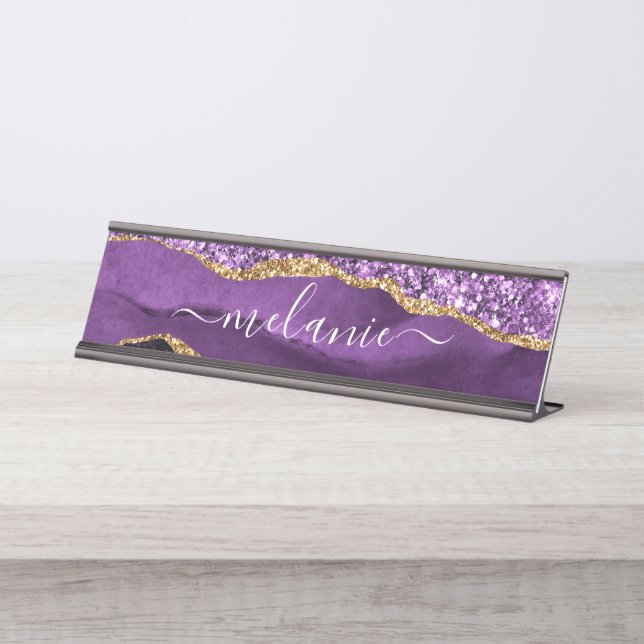 Agate Purple Violet Gold Glitter Geode Your Name Desk Name Plate (Front)