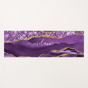 Agate Purple Violet Gold Glitter Geode Your Name Yoga Mat