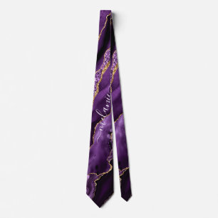 Agate Purple Violet Gold Glitter Name Neck Tie