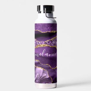 Agate Purple Violet Gold Glitter Name Water Bottle