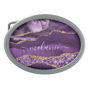 Agate Purple Violet Gold Sparkle Name Belt Buckle