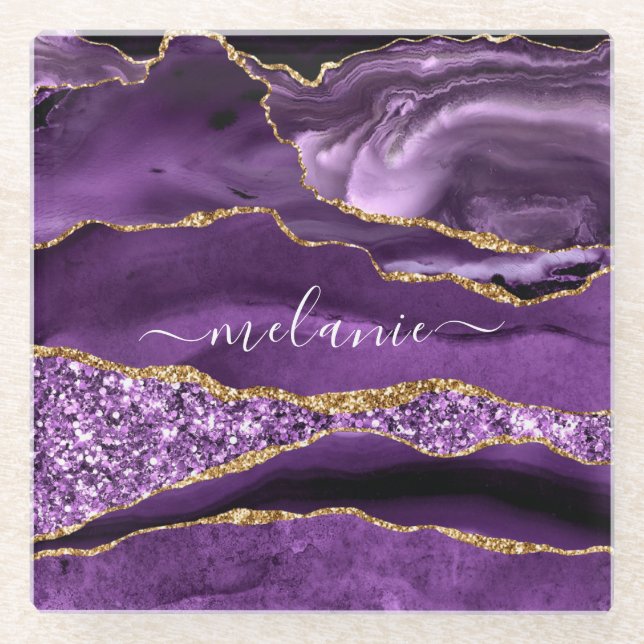 Agate Purple Violet Gold Your Name Glass Coaster (Front)