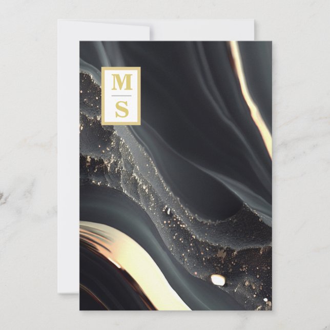 *~  Agate QR BLACK gold Monogram AR66 RSVP Wedding Invitation (Front)