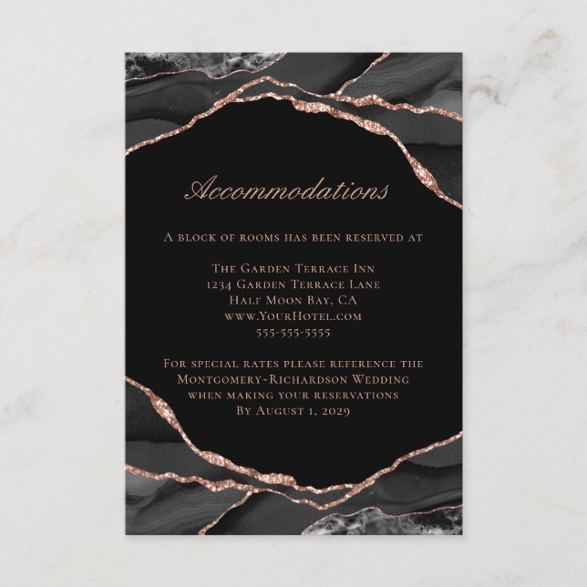 Agate Rose Gold Foil Black Wedding Accommodations Enclosure Card (Front)