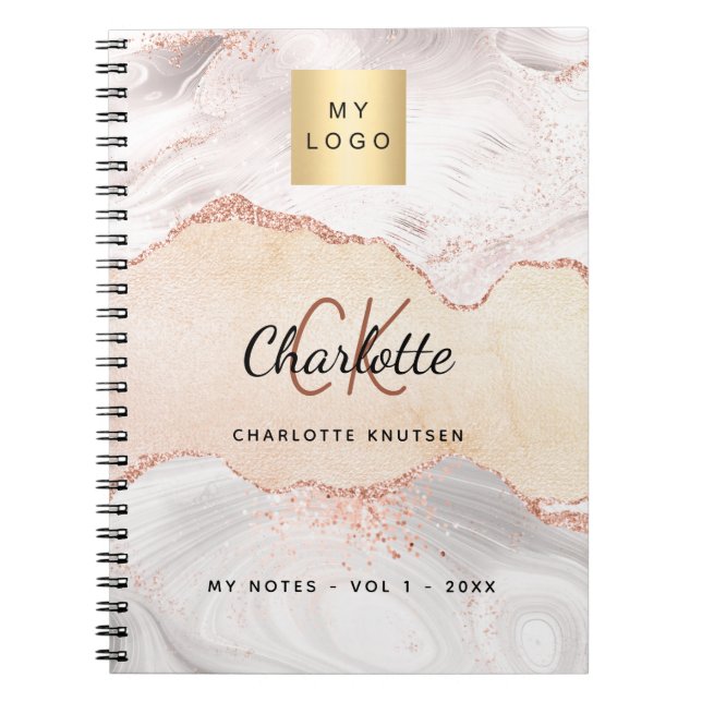 Agate rose gold logo monogram elegant business notebook (Front)