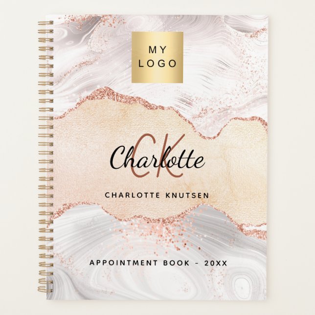 Agate rose gold monogram logo business 2025 planner (Front)
