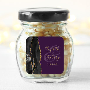 Agate Script Black Gold Deep Purple Wedding Square Sticker