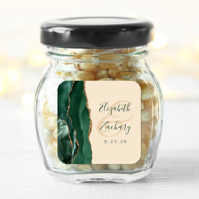 Agate Script Emerald Green Gold Champagne Wedding Square Sticker (Creator Uploaded)