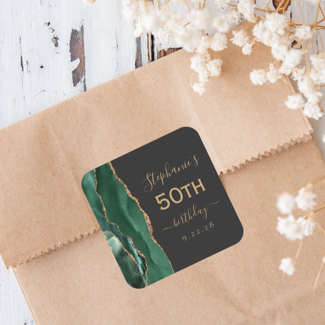 Agate Script Emerald Green Gold Dark 50th Birthday Square Sticker (Creator Uploaded)