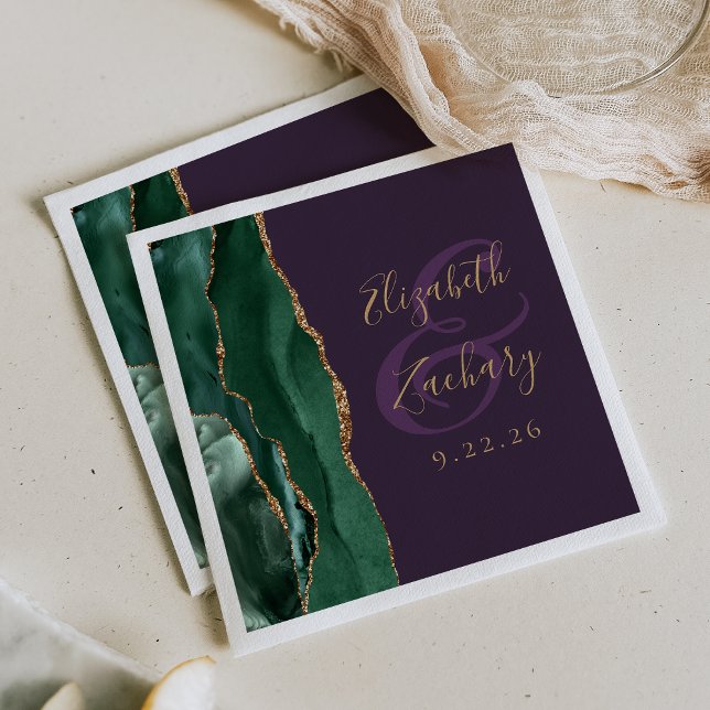 Agate Script Emerald Green Gold Purple Wedding Napkin (Creator Uploaded)