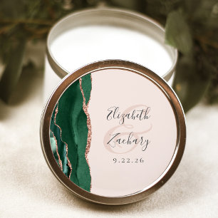 Agate Script Emerald Green Rose Gold Blush Wedding Classic Round Sticker
