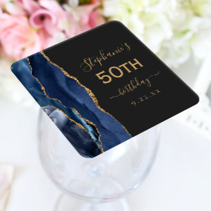Agate Script Navy Blue Gold Dark 50th Birthday Square Paper Coaster