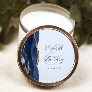 Agate Script Navy Pale Blue Gold Wedding Classic Round Sticker