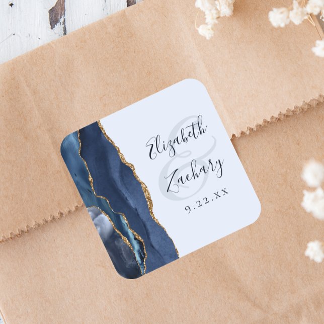 Agate Script Navy Pale Blue Gold Wedding Square Sticker (Creator Uploaded)