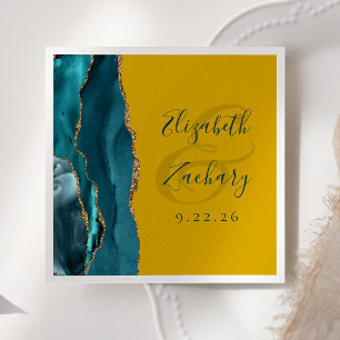 Agate Script Teal Gold Mustard Yellow Wedding Napkin