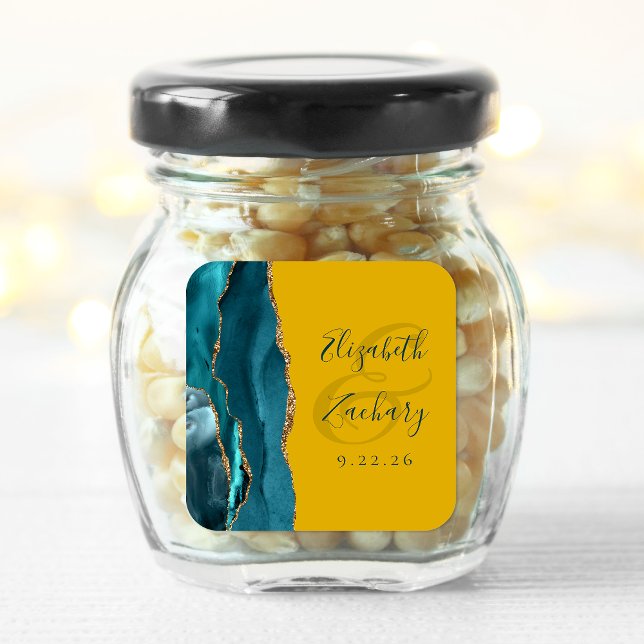 Agate Script Teal Gold Mustard Yellow Wedding Square Sticker (Creator Uploaded)
