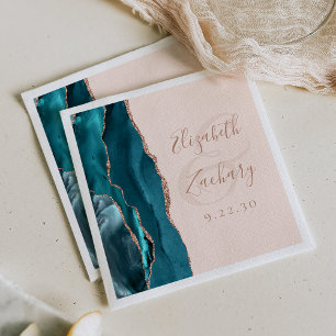 Agate Script Teal Rose Gold Blush Wedding Napkin