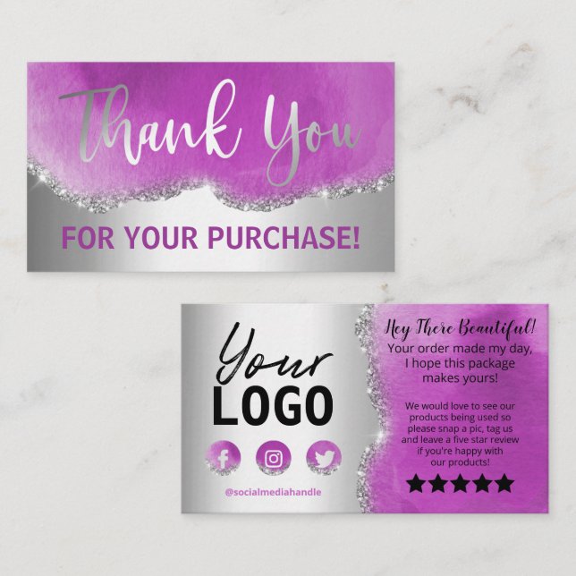 Agate Silver Purple Thank You Business Card (Front/Back)