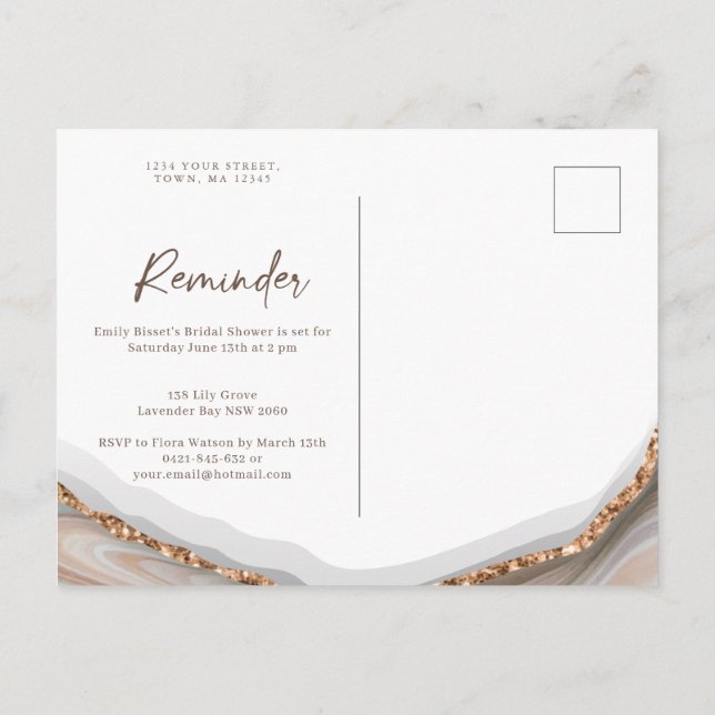 Agate Stone Marble Bridal Shower reminder RSVP Invitation Postcard (Back)