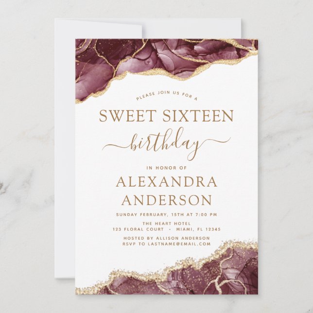 Agate Sweet 16 Birthday Burgundy Gold Invitation (Front)