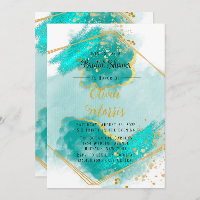 Agate Teal and Gold Geometrice Bridal Shower Invitation (Front/Back)