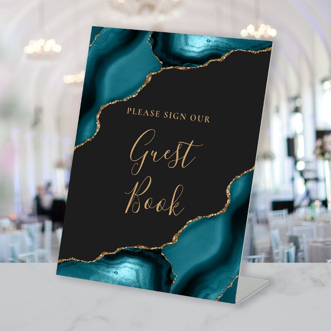 Agate Teal Blue Dark Wedding Guest Book Pedestal Sign (Creator Uploaded)