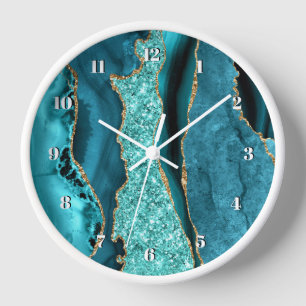 Agate Teal Blue Gold Aqua Turquoise Clock