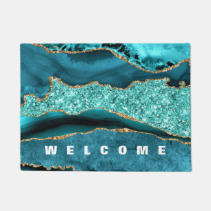 Agate Teal Blue Gold Aqua Turquoise Doormat
