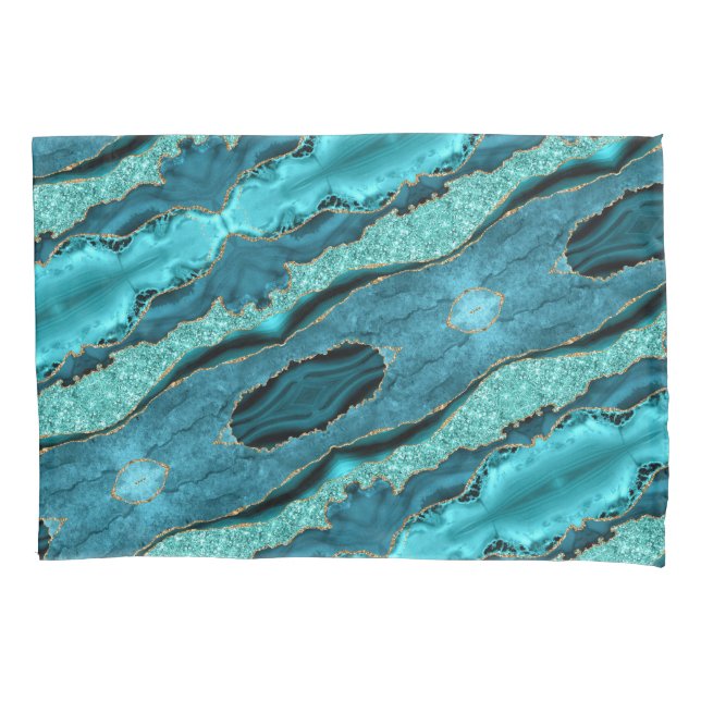 Agate Teal Blue Gold Aqua Turquoise Pillow Case (Front)