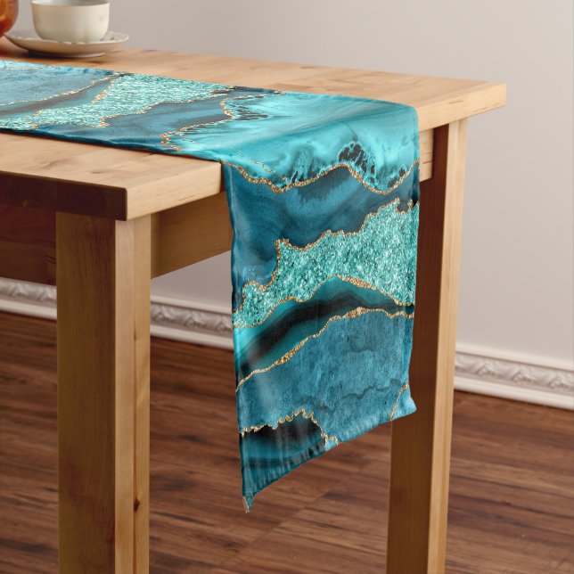 Agate Teal Blue Gold Aqua Turquoise Table Runner (In Situ)