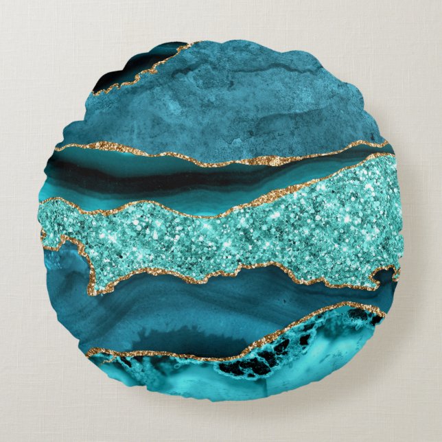 Agate Teal Blue Gold Glitter Aqua Round Pillow (Front)