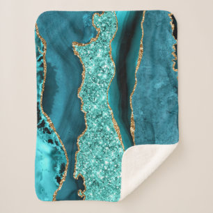 Agate Teal Blue Gold Glitter Aqua Turquoise Sherpa Blanket