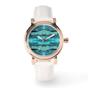 Agate Teal Blue Gold Glitter Aqua Turquoise Watch