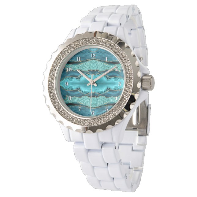 Agate Teal Blue Gold Glitter Aqua Turquoise Watch (Angled)
