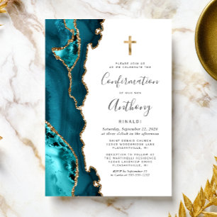 Agate Teal Blue Gold Glitter Confirmation Invitation
