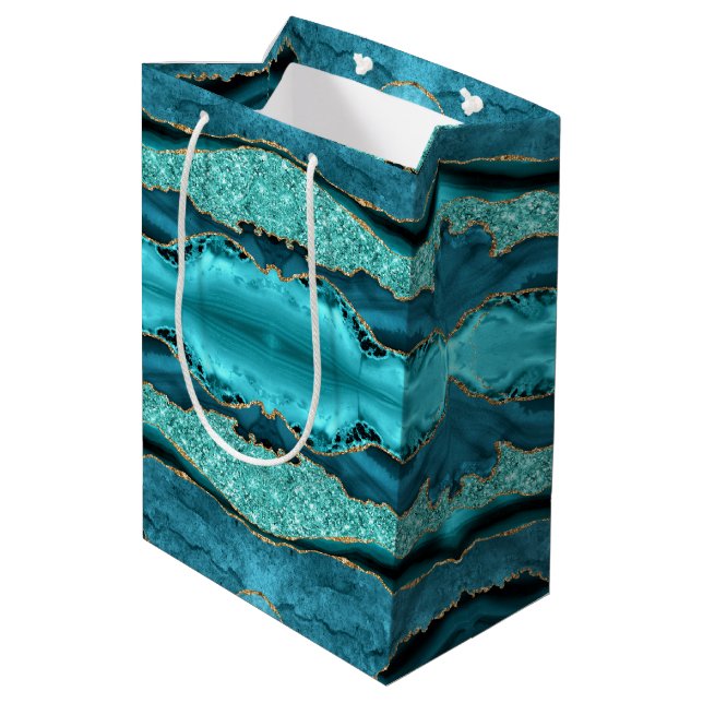 Agate Teal Blue Gold Glitter Marble Aqua Gift Bag (Back Angled)