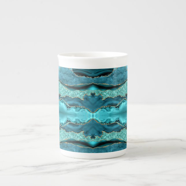 Agate Teal Blue Gold Glitter Marble Aqua Turquoise Bone China Mug (Front)