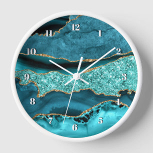 Agate Teal Blue Gold Glitter Marble Aqua Turquoise Clock