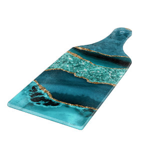 Agate Teal Blue Gold Glitter Marble Aqua Turquoise Cutting Board