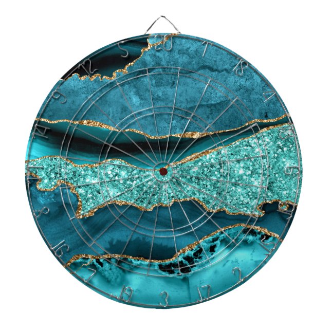 Agate Teal Blue Gold Glitter Marble Aqua Turquoise Dartboard (Front)