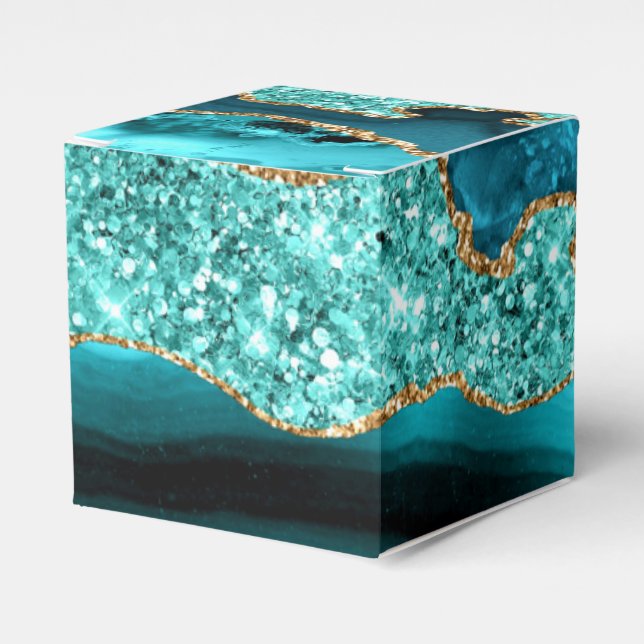 Agate Teal Blue Gold Glitter Marble Aqua Turquoise Favour Box (Front Side)